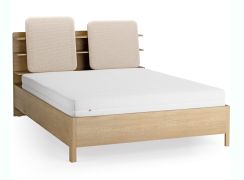 Lit double / 160 x 200 cm / Couleur : Chêne / Beige / Rembourrage de tête de lit / Quatre étagères ouvertes / Bac derrière le dossier / Sommier à lattes inclus