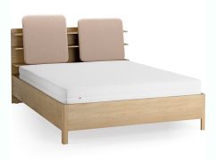 Lit double / 160 x 200 cm / Couleur : Chêne / Écru / Rembourrage de tête de lit / Quatre étagères ouvertes / Bac derrière le dossier / Sommier à lattes inclus