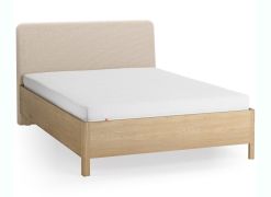 Lit double / Couleur : Chêne / Beige / Chêne massif / 140 x 200 cm / Forme arrondie discrète / Lit d'appoint / Sommier à lattes Lift up inclus / Appuie-tête rembourré souple
