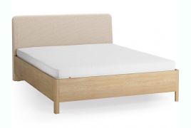 Lit double / 160 x 200 cm / Chêne massif / Couleur : Chêne / Beige / Forme discrètement arrondie / Sommier à lattes Lift up inclus / Appuie-tête rembourré souple