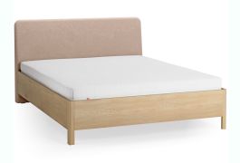 Lit double / 160 x 200 cm / Chêne massif / Couleur : Chêne / Écru / Forme discrètement arrondie / Sommier à lattes inclus / Appuie-tête rembourré doux