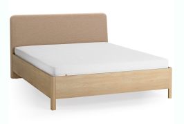 Lit double / 160 x 200 cm / Chêne massif / Couleur : Chêne / Taupe / Forme arrondie discrète / Sommier à lattes inclus / Appuie-tête rembourré doux