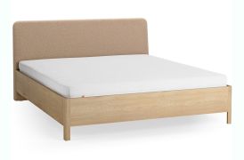 Lit double / Chêne massif / 180 x 200 cm / Couleur : Chêne / Taupe / Appuie-tête rembourré en douceur / Sommier à lattes Lift up inclus / Forme arrondie discrète