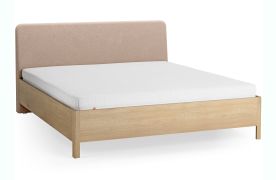 Lit double / Chêne massif / 180 x 200 cm / Couleur : Chêne / Écru / Appuie-tête rembourré doux / Sommier à lattes inclus / Forme arrondie discrète