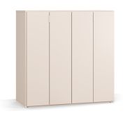 Commode / Casier à vin / Couleur : Beige / 2 portes pliantes / 3 tiroirs / Poignées : Blanc / Dimensions : 112 x 47 x 112 cm / Éclairage LED avec capteur de mouvement inclus