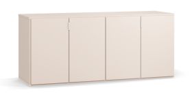 Commode / Buffet / 4 portes pliantes / Couleur : Beige / Poignées : Blanc / 3 tiroirs / Dimensions : 160 x 47 x 68,5 cm / 4 compartiments / Fonction Soft-Close / Pour le salon