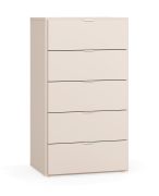 Commode / Étroite / 5 tiroirs / Couleur : Beige / Fonction Soft-Close / Dimensions : 62,5 x 47 x 112 cm / Poignées : Blanc / Design sobre / Pour le salon