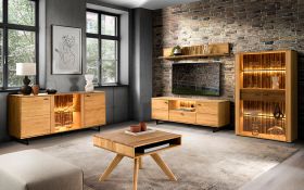Ensemble salon complet Nobres 5 pièces | Chêne naturel | Verre Antisol brun | Lattes décoratives | Pieds noirs
