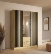 Armoire offrant un grand espace de rangement / 10 compartiments / Poignées en métal / 1 tringle à vêtements / 2 tiroirs / Lamelles / 150,8 x 54,5 x 200,5 cm / Chêne / Artisan / Iraklio 03