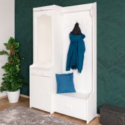 Vestiaire blanc avec miroir Pin massif 28B, 200 x 125 x 41 cm, avec 2 tiroirs, 6 compartiments, 1 étagère et 5 crochets, éclairage inclus