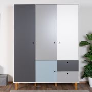Armoire penderie à portes battantes Syrina 05 | Blanc / Gris / Bleu | 202 x 153 x 55 cm