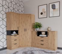 Ensemble de chambre à coucher / Ensemble d'armoire d'angle N Fafe / 3 pièces / Couleur : Chêne artisan / Noir / Système de fermeture Soft-Close / Commode / Armoire