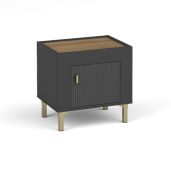Table de chevet au design moderne Barbe 32, avec une porte, Protection des bords ABS, Couleur : Noir mat, Poignées : Or, Dimensions : 46,5 x 48 x 36 cm, Matériau stable