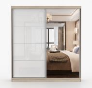 Penderie / Armoire à portes coulissantes / Blanc / Chêne de Sonoma / Sredna 02 / avec miroir / 2 portes / 218 x 203 x 61 cm / 3 tiroirs / 7 compartiments
