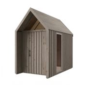 Abri de jardin | Fenêtre triangulaire | Gris-beige | Surface au sol : 4,64 m² | Style scandinave | Toit à deux versants | Dimensions extérieures : 162,4 x 285,7 cm | Malmö 15