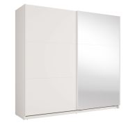 Armoire à portes coulissantes /  6 compartiments / Avec miroir / 1 tringle à vêtements / Blanc / 221 x 60 x 207 cm / Poignées en métal / Système de fermeture Soft-Close / Igoumenitsa 01 / 2 portes coulissantes