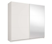 Armoire à portes coulissantes avec miroir / 221 x 60 x 207 cm / 1 tringle à vêtements / Éclairage inclus / 6 compartiments / Blanc / Poignées en métal / Système de fermeture Soft-Close / Igoumenitsa 02