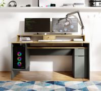 Bureau avec de nombreux rangements / 160 x 70 x 91,5 cm / Ergonomique / Aritsan - Chêne / Gris graphite / 6 compartiments / Kissamos 02 / Avec rehausse pour écran