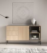 Buffet / Couleur : Chêne Lindberg / Éclairage LED inclus / 3 tiroirs / Fonction push-to-open / 160 x 40 x 86 cm / 4 compartiments / Commode / 1 porte vitrée avec cadre en aluminium