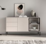Buffet / Cachemire / Éclairage LED inclus / 3 tiroirs / Fonction push-to-open / 160 x 40 x 86 cm / 4 compartiments / Commode / 1 porte vitrée avec cadre en aluminium