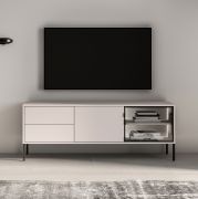 Commode TV / Cachemire / 2 tiroirs / 3 compartiments / Fonction push-to-open / Éclairage LED inclus / 1 porte vitrée avec cadre en aluminium / 160 x 40 x 59 cm / Armoire TV