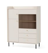 Commode / 1 porte vitrée / 2 tiroirs / Couleur : Beige avec effet bois / Dimensions : 103,5 x 42 x 133 cm / 3 portes / Pieds et poignées : métal / 6 compartiments / Pour le salon