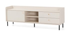 Meuble TV / 3 compartiments / Couleur : Beige avec effet bois / 2 tiroirs / Dimensions : 170 x 42 x 59 cm / 1 porte battante / Pieds et poignées : métal / Pour le salon