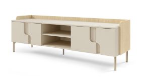 Meuble bas TV / Couleur : Chêne Mavelie / Macadamia / 4 portes battantes / 4 compartiments / 160 x 42 x 51 cm / Fonction push-to-open / Tableau TV / Pieds : métal