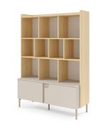 Étagère / Couleur : Chêne Mavelie / Macadamia / Bibliothèque / 1 porte battante / 1 tiroir / 10 compartiments / 113 x 42 x 160 cm / Pieds : métal / Fonction Push-to-open