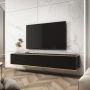 Grand meuble TV bas avec trois compartiments à clapet Horsham 05, Couleur : Noir - Dimensions : 30 x 175 x 32 cm (h x l x p)