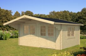 Abri de jardin en bois d'épicéa nordique, 70 mm Maison en madriers, surface au sol : 17,86 m², toit à deux versants, dimensions extérieures : 470 x 380 cm, fenêtre et porte en verre isolant
