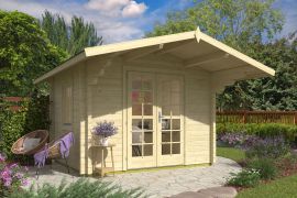 Abri de jardin avec toit à deux pentes, 70 mm Maison en madriers, en bois de sapin nordique, surface au sol : 8,48 m², fenêtre et double porte en verre isolant, dimensions extérieures : 320 x 265 cm