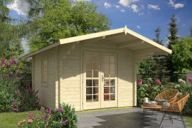 Abri de jardin en bois de sapin du nord, 70 mm Maison en madriers, fenêtres et porte en verre isolant, surface au sol : 10,24 m², Toit à deux versants, dimensions extérieures : 320 x 320 cm