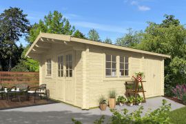 Abri de jardin en madriers de 70 mm, en bois de sapin nordique, surface au sol : 21,84 m², dimensions extérieures : 420 x 520 cm, fenêtres et porte en verre isolant, toit à deux versants