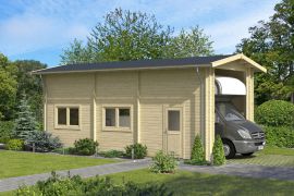 Garage en bois / Garage individuel avec deux fenêtres doubles, Maison en madriers de 40 mm, en bois de sapin nordique, superficie au sol : 34,47 m², Toit à deux versants, une porte, dimensions extérieures : 884 x 390 cm