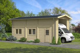 Garage en bois / Garage individuel avec une porte, Maison en madriers de 70 mm, surface au sol : 34,47 m², deux fenêtres doubles, Toit à deux versants, dimensions extérieures : 884 x 390 cm, protection idéale pour votre voiture