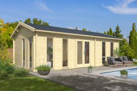 Abri de jardin avec beaucoup d'espace de rangement, Maison en madriers de 70 mm, en bois de sapin nordique, fenêtres et porte en verre isolant, Toit à deux versants, dimensions extérieures : 400 x 800 cm, surface au sol : 32 m².