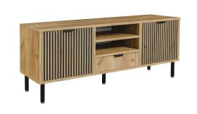 Armoire TV / Meuble TV moderne Luanco 02, Couleur : Chêne doré craft, deux portes, façade cannelée, un tiroir, quatre compartiments, protection des chants ABS