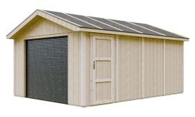 Garage Karlstein avec porte électrique à enroulement et 2 télécommandes, sans sol, surface au sol : 17 m², porte verrouillable, 354 x 468 cm, toit avec revêtement bitumeux