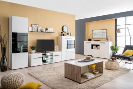 Salon complet - Ensemble C Idos, Couleur : Blanc / Blanc brillant / Chêne gris / Noir, avec verre Parsol, deux vitrines, une tablette murale, un meuble TV, une commode et une table basse