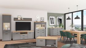 Salon - Ensemble A Banat, 6 pièces, Couleur : Chêne Artisan / Gris graphite / Gris, chants ABS, deux vitrines, une commode, un meuble TV, une tablette murale et une table basse