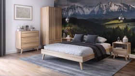 Ensemble de chambre à coucher D Engordany / 5 pièces / Couleur : Hêtre / Hêtre massif / Laqué / 2 tables de chevet / 1 lit double / 1 commode / 1 armoire / Finition haut de gamme