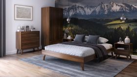 Ensemble de chambre à coucher N Engordany / 5 pièces / Couleur : Noyer / Hêtre massif / Laqué / 2 tables de chevet / 1 lit double / 1 commode / 1 armoire / Finition haut de gamme