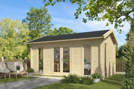 Abri de jardin avec toit à deux pentes, dimensions extérieures : 320 x 520 cm, Maison en madriers de 70 mm, en bois de sapin du nord, surface au sol : 16,64 m², fenêtres et porte en verre isolant