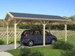 Carport individuel avec poteaux, madriers 40 mm, en sapin du nord, rabotés, surface au sol : 18,24 m², Toit à deux versants, résistant aux intempéries, garage en bois, dimensions extérieures : 570 x 320 cm