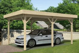 Carport individuel avec madriers de 40 mm, poteaux inclus, en bois de sapin nordique, raboté, surface au sol : 20,36 m², carport en bois, toit plat, dimensions extérieures : 536 x 380 cm, place de parking sûre pour votre voiture