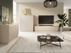 Salon - Ensemble B Finghall, 3 pièces, Couleur : Beige, fonction Soft-Close, un meuble TV, un bahut et un buffet, protection des chants ABS