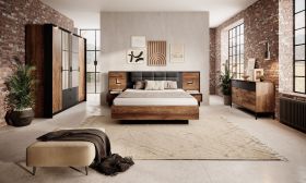 Chambre à coucher - Ensemble A Jendouba / 4 pièces / Couleur : Châtaigne / Anthracite / Système de fermeture Soft-Close / Poignées et pieds : Métal / Bords de protection en ABS / Deux tables de chevet