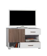 Meuble TV Bulolo 18 | Blanc et Noyer | 61 x 100 x 50 cm | Design moderne et rangements pratiques