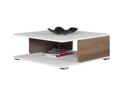 Table basse Bulolo 01, Couleur : Blanc / Noyer - Dimensions : 75 x 80 x 33 cm (L x P x H)